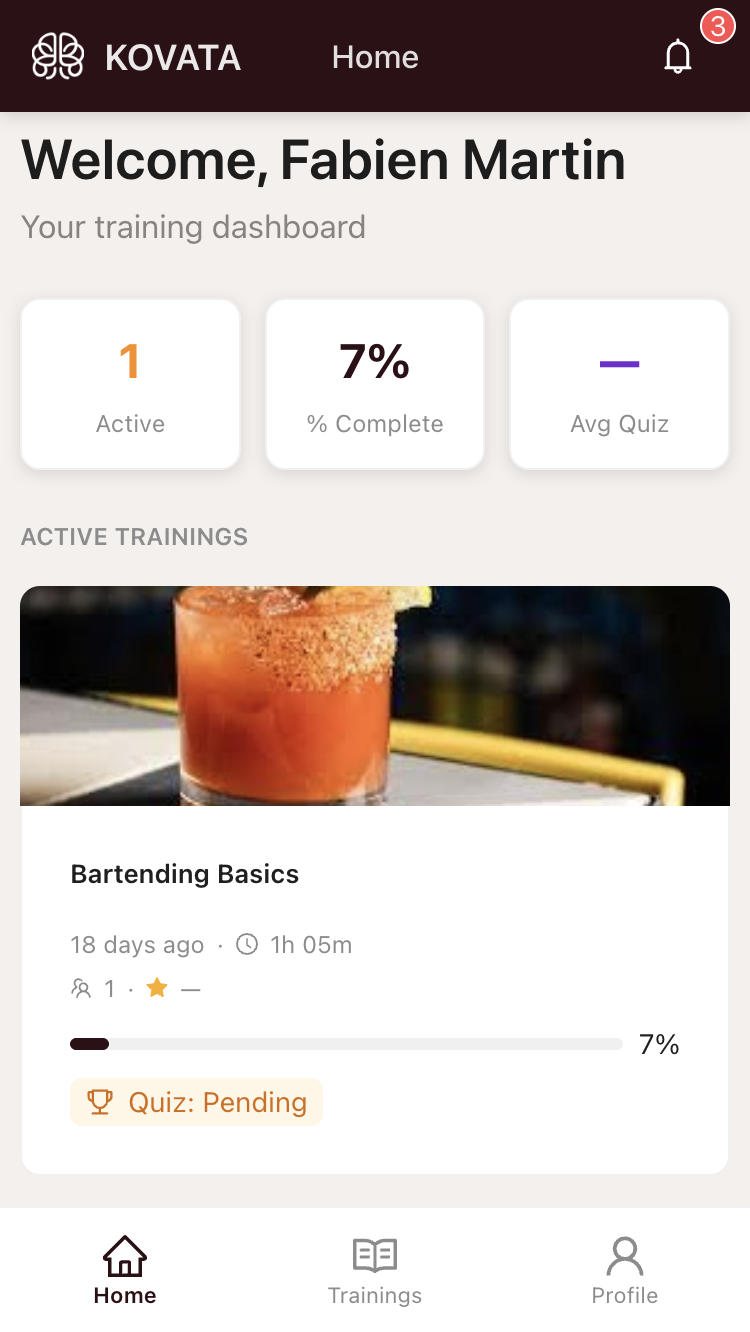 Kovata trainee home screen with active training courses